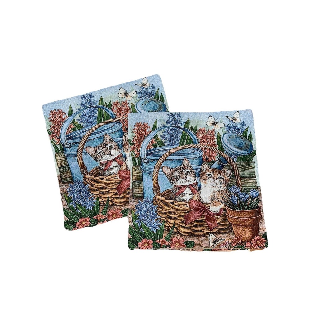 Set of 2 Tapestry Pillow Covers 17x18" BUTTERFLIES FLOWERS CATS BASKET Q
